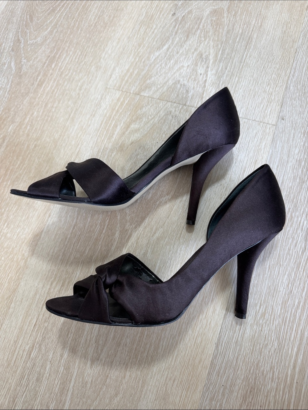 Nine West Dark Brown Satin Peep-Toe Knot Heels - Picture 2 of 7